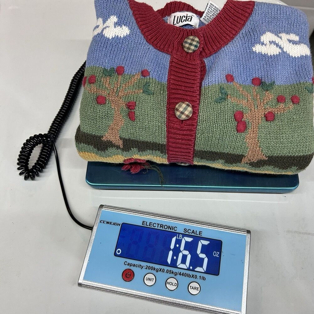 Vintage Lucia Apple Orchard Farm Cardigan Sweater XL Novelty Country Dog Festive - Picture 14 of 14